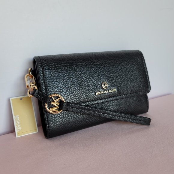 MICHAEL KORS Jet Set Charm Pebble Leather Large Flap Phone Wristlet-Black - Picture 2 of 16